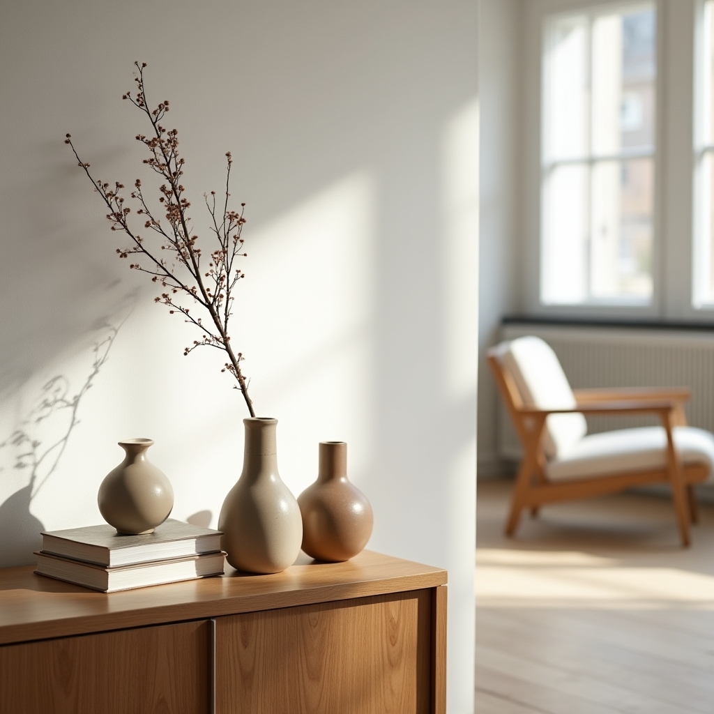 Wohnzimmer-Sideboard mit dekorativen Keramikgefäßen